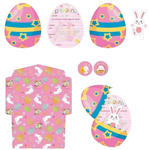 YUPDFGB Lot de 12 Cartes d'invitation de Pâques pour enfants - Lapins et œufs de Pâques - Invitation pour anniversaire d'enfant - Pour fille et garçon - avec Enveloppe, Cartes lapin et Autocollant