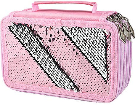 Federmäppchen Groß, ASIV Mäppchen Mädchen 4 Fächer Federmappe mit Pailletten, Büromaterial Teenager Passend für Reise/Arbeit/Malerei, Rosa (4 Ebenen 72 Slots)