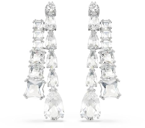 Swarovski Matrix Drop-Ohrhänger, Weiße, Rhodinierte Ohrringe mit Strahlenden Swarovski Kristallen in Verschiedenen Schliffen