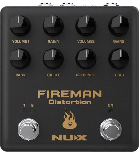NUX Pedal de efecto de distorsión de bombero, sonido marrón de doble canal, 2 ganancias independientes, perillas de volumen, E/S, interruptor de palanca BF/TB, conector CC de 9 V