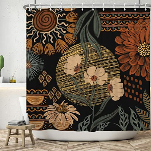ASDCXZ Duschvorhang 180x180 cm Boho Style, Retro Abstrakt Kunst Blume Blätter Schwarz Kleine Bad Waschbar Duschvorhänge Polyester Textil Wasserdicht Duschvorhang für Badewanne mit 12 Haken