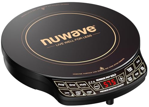 Nuwave Precision Induction Cooktop Gold, 12” Shatter-Resistant Ceramic Glass Surface, Large 8” Heating Coil, Portable, 96 Temp Settings 100°F to 575°F, 3 Wattage Settings 700, 900, and 1500 Watts