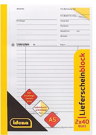 Idena 10847 - Lieferscheinbuch, DIN A5, selbstdurchschreibend, 2 x 40 Blatt, inkl. Empfangsbestätigung
