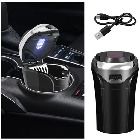 Suvnie Car Ashtray with Lid, Detachable USB Rechargeable Auto Cigarette Lighter with Blue LED Light, Portable Smell Proof Stainless Car Ash Tray, Mini Automotive Trash Can (Silver)