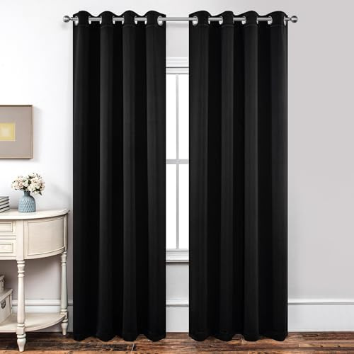 Joydeco Blackout Curtains for Bedroom 66 x 90 Inch, Eyelet Thermal Insulated Energy-saving Drapes for Room Darkening Light Filtering, Long Window Treatments 90 Inch Drop, 2 Panels - Black