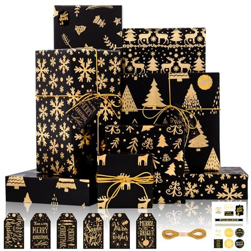 Larcenciel Geschenkpapier Weihnachten 6 Blatt, Schwarz Gold Weihnachtspapier Geschenkpapier mit Geschenkanhänger + Aufkleber, Glitzer Edel Weihnachtsgeschenkpapier für Neujahr, Urlaub, Party, 70x50CM