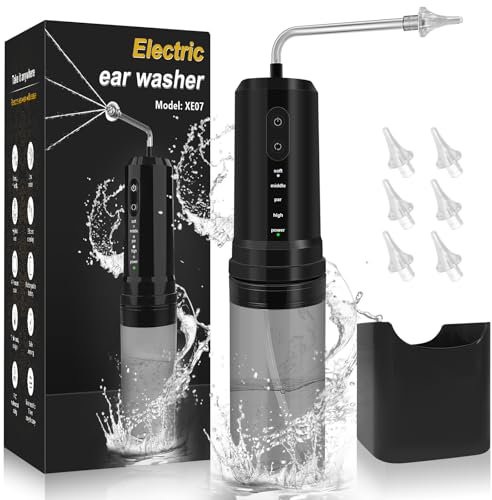 joyshie Nettoyeur Oreille Électrique Rechargeable, Kit D'élimination du Cérumen Etanch IPX7 avec 4 Modes de Nettoyage et 6 Embouts Auriculaires, Outil de Nettoyage d'oreilles (noir)