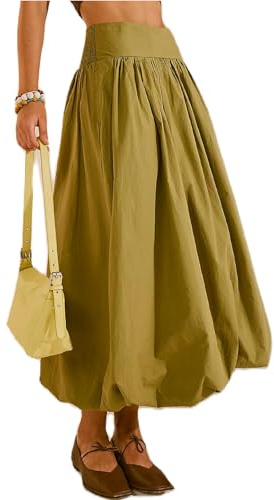 Owegvia Palloncino da donna Gonne Lunghe Elegante Vita Alta Tinta unita A-Line Gonne Casual Flowy Gonne Cocco Ragazza Estetica, A- verde., S