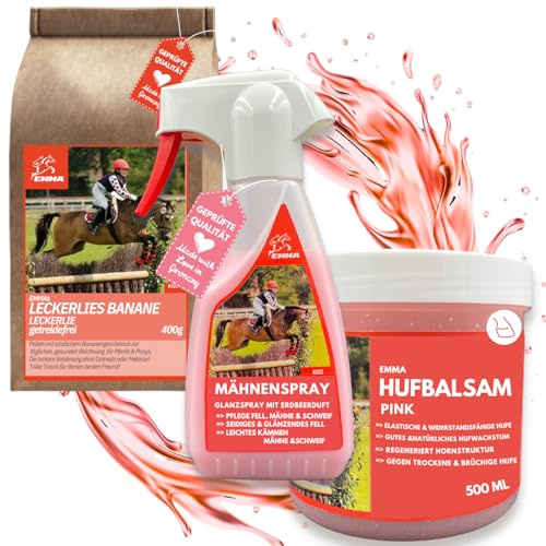 EMMA Juego de 3 golosinas para caballos + Huffett Horse + Spray para crines para caballos rosa I Golosinas Horse Banana - Spray de cola para caballos - Accesorios para caballos, niñas, regalo