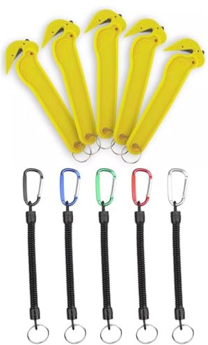 Yellow Box Cutter 5 Pack with 5 Coil Key Chains, Cardboard Cutter, Warehouse, Box Opener, Spiral Keychain, Key Chain, Stretchy Keyring with Clip, Key Ring Chain