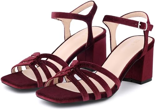 Allegra K Women's Square Toe Velvet Ankle Strap Chunky Heels Sandals Burgundy 6 UK/Label Size 8 US