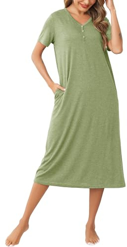 Lovasy Women's Nightdresses & Nightshirts Long Cotton Nightdresses for Women UK Button V Neck Nighties for Women Soft Night Dress Women UK Loose Fit Ladies Nighties with Pockets,Green,S