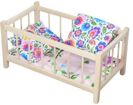 Puppenbett aus Holz NATUR mit Matratze und Bettwäsche im Jagdmuster