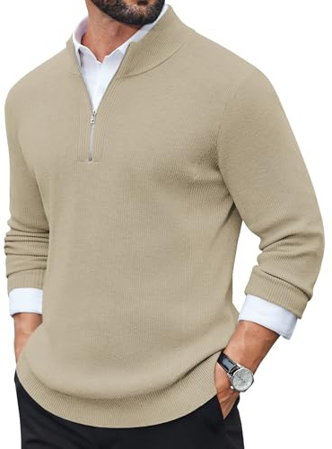 COOFANDY Maglione Uomo Dolcevita Mezza Zip Maglione da Lavoro Maniche Lunghe Invernale Pullover Leggero Marrone Chiaro M