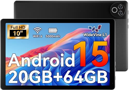 MUISOO Android 15 Tablet, 10 Inch Tablet, 20GB RAM+64GB ROM (TF 1TB), 5000mAh, 1280 * 800 HD, WiFi 6, Bluetooth 5.4, Dual Cameras, Dual Speakers, Black