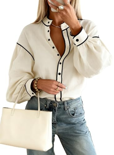 Dokotoo Button Down Shirt for Women Lantern Long Sleeve Blouses Casual Loose Fit Stand Collared V Neck Tops Spring Outfits 2026 Beige Large
