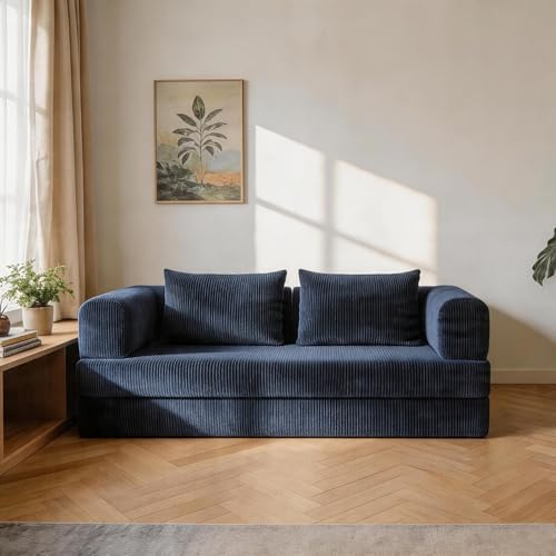 GEDTECH ARMANA Canapé 3 Places Convertible Lila en Velours côtelé, modulable en lit, Confortable, Cosy, méridienne en Velours, Sofa Moderne et Personnalisable, canapé lit (Bleu)