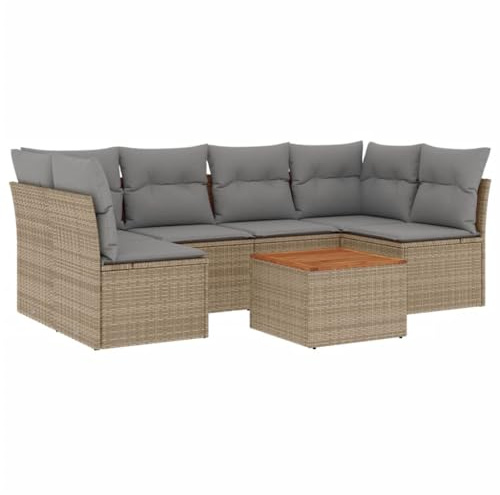 GeenYuu Juego de muebles de jardín de 7 piezas con cojines beige de poliratán, resistente a la intemperie, juego de muebles de jardín con mesa y grupo de asientos de ratán, para terraza, balcón y