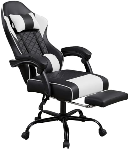 Panana Racing Style Gaming Chair with Footrest, PU Leather, Massage Lumbar Support, Reclining, 360° Swivel Seater Adjustable Height (White)