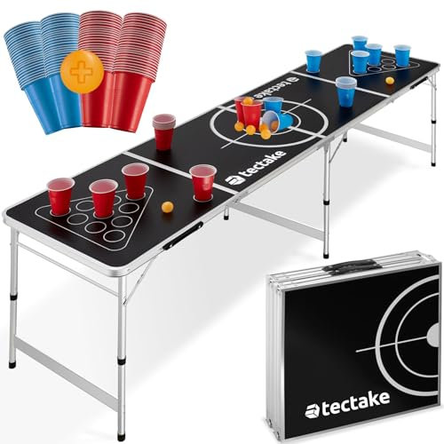 tectake® Bierpong Tisch, Beer Pong Tisch, inkl. 100 Becher (50 rot & 50 blau) und 6 Bälle, höhenverstellbar, Tisch klappbar mit Tragegriffen, Partyspiele für Erwachsene, Trinkspiel, Beer Pong