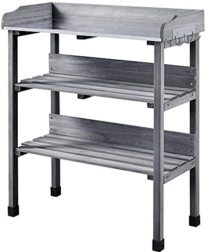 costoffs Wooden Potting Bench Garden Potting Table Garden Fir Wood Work Bench Table with Storage Shelf and Hooks, 77x37x90 cm, Grey
