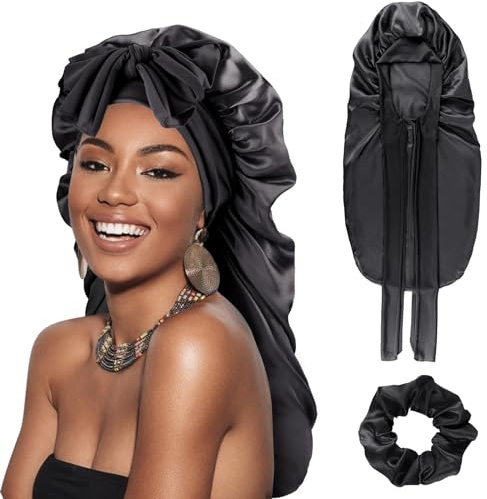 DRESHOW Bonnet de Nuit en Satin Tressé pour Femme - Bonnet de Sommeil avec Bande Elastique pour Cheveux Longs et Bouclés