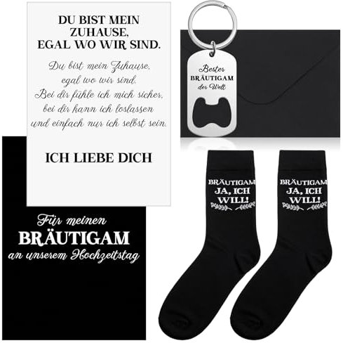 Otuuz Bräutigam Hochzeit Geschenke Set Enthalten Bester Bräutigam Der Welt Flaschenöffner Schlüsselanhänger Bräutigam Socken Hochzeitskarte mit Umschlag Geschenke für Den Bräutigam (Bräutigam)