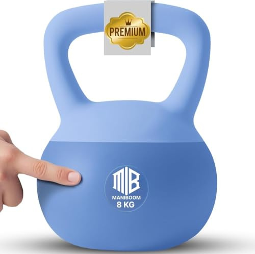 ManiBoom Pesas Rusas PVC SUAVE 2 kilos 3kg 4kg 5kg 6kg 8kg 10kg 12kg - Pesa Rusa Kettlebell Relleno de Arena de Hierro INSONORIZADO con Agarre Grueso ANTIDESLIZANTE - Protege el Suelo (8KG)