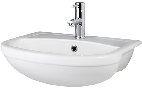 Balterley 520mm Bathroom Sink, Semi Recessed Ceramic Round Bowl Bathroom Wash Basin Sink with Overflow, 1 Tap Hole, Basin Sinks for Countertops and Worktops - 526 x 420 x 185mm (White)