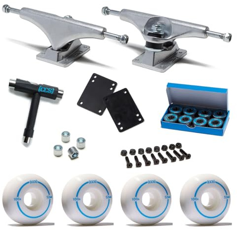 [CCS] Skateboard Assembly Kit | Professional Grade | Set of 2 Trucks | 100A Wheels | ABEC 7 Bearings | 1 Mounting Hardware | 1/8 Riser Pads | Bearing Spacers (Raw, 139mm)