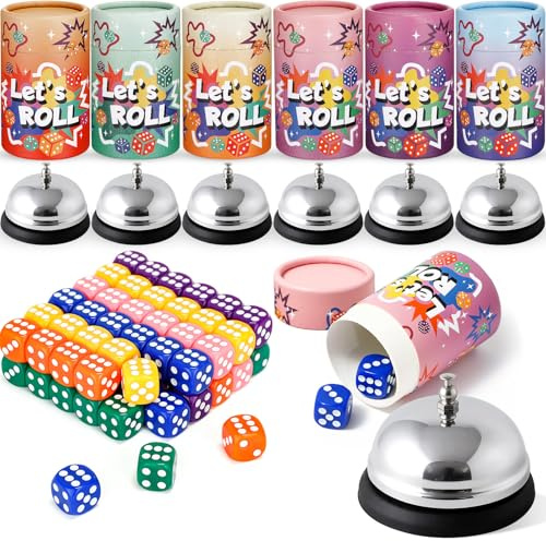 RoundFunny 6 Sets Bunco Game Kit Party Supplies for Ladies Night Family Group Board Games 72 Colorful Dice 6 Bells 6 Dice Cups with Lids Christmas Bunco Gift for Women up to 6 Groups of 2-12 Players
