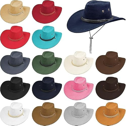 KDXBQ 16 Pcs Western Cowboy Hat Faux Felt Leather Wide Brim Hat Classic Outdoor Travel Cap with Strap for Men Women Cowgirl Costume