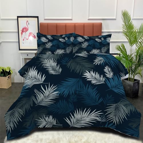 DLERFLOVR Edredón Relleno Nórdico 4 Estaciones Cama 180 230x260cm - Edredón Hojas De Palma Nórdico de Fibra Paisaje Tropical Suave Transpirable para Invierno, Primavera y Otoño, Azul Oscuro