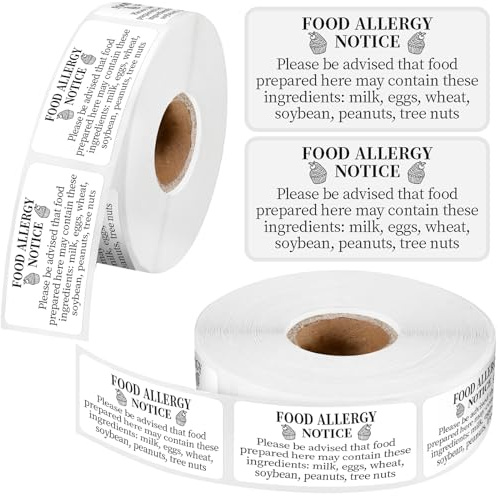 Gueevin 600 Count 1x2'' Food Allergy Warning Labels Allergies Restaurant Food Safety Self Adhesive Stickers Restaurant Removable Thermal Printed Labels for Kitchen(White)