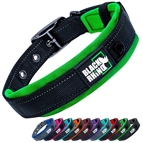 Black Rhino - The Comfort Collar - Collare per cani imbottito in neoprene ultra morbido per tutte le razze. Resistente, regolabile, riflettente e resistente alle intemperie (S, verde e nero)