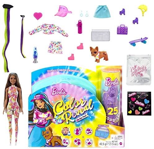 Barbie Color Reveal Totally Neon Fashions Puppe mit blau gesträhnten brünetten Haaren und 25 Überraschungen, inklusive Farbwechsel, Geschenk für Kinder, HCD28