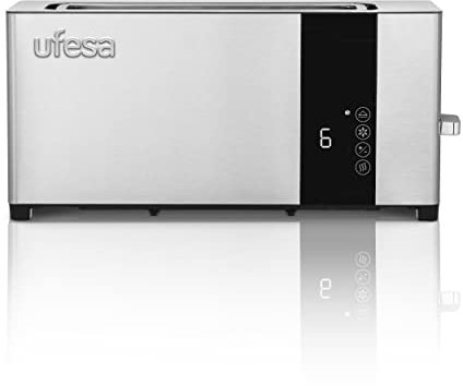 Ufesa Plus Delux Tostador de 1 Ranura Larga y Ancha, 1050W, 7 Niveles, Función Recalentar, Descongerlar y Cancelar, Bandeja Recogemigas, Inox