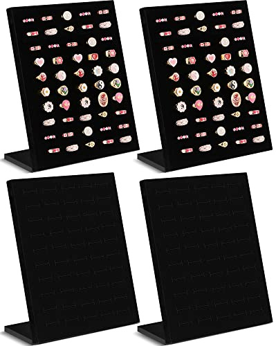 Henoyso 4 Pcs Velvet Ring Display 50 Slots L-Shaped Ring Display Stand Tray Holder for Selling Earring Jewelry(Black)