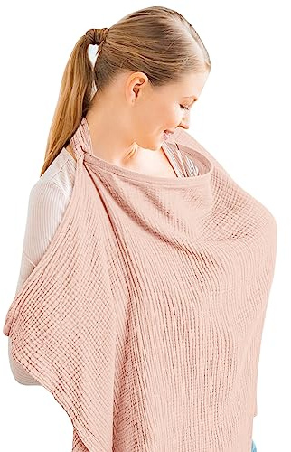 Konssy Muslin Nursing Cover for Baby Breastfeeding, Breathable 100% Cotton Breastfeeding Cover with Rigid Hoop (Pink)