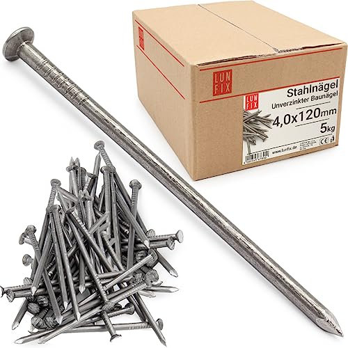 Lun Fix Stahlnägel 4,0 x 120 mm - 5kg (ca. 420 stk.) Holznägel für Bauarbeiten Unverzinkte Baunägel Nägel 120mm lang Drahtstifte Nägel Senkkopf blank unverzinkt für Tischlerarbeiten, DIY, crafts