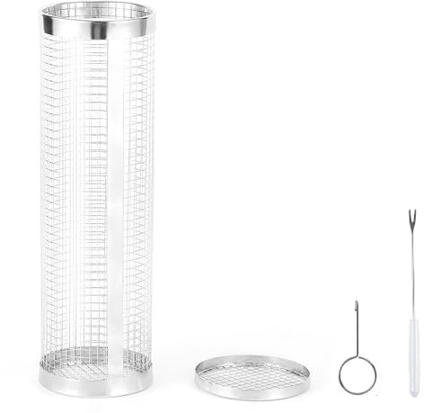 LIMEOW Rolling Grillkorb mit Gabel，Edelstahl Grillkorb Grill Korb mit Griff,Grillkorb Grill Rack für Außengrill Gemüse Drachenkind Drehspieß Grillkäfig Basket Rund BBQ Rolling Grilling