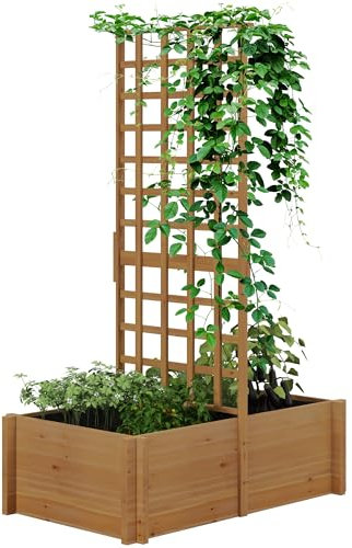 Outsunny Jardinière avec Treillis, bac à Fleurs avec Doublure, Potager sur Pied en Bois pour Plantes grimpantes, légumes - 100 x 60 x 150 cm Naturel