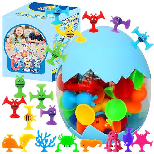 Jouets à Ventouse Silicone 50 Pièces Jouet d'Aspiration Animaux avec Rangement en Coquille D'œuf de Dinosaure Jouet Bain Enfant 3 Ans pour 3-7 Ans Garçons Filles