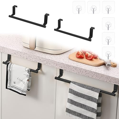 AGGKY 8 Stück Handtuchhalter Schwarz, 2 Geschirrtuchhalter Küche mit 6 Haken Selbstklebend Transparent, Einhängen 23cm Handtuchhalter Küche, Handtuchstange Ohne Bohren für Schubladen Schranktüren