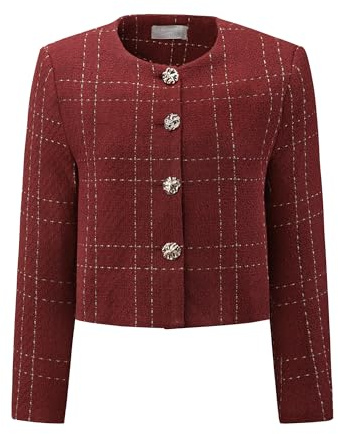Hobemty Women's Plaid Blazer Collarless Button Front Crop Tweed Jacket, Red, M