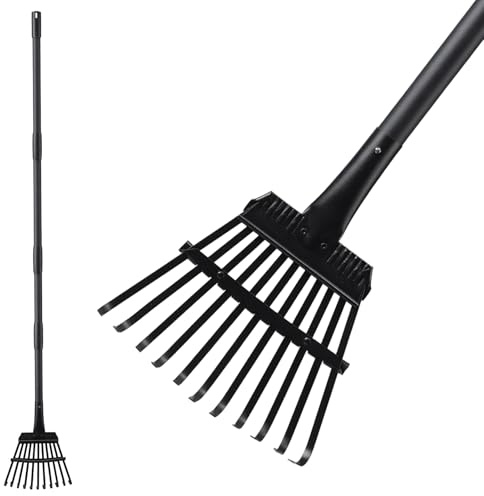 Small Rake for Leaves, 11 Metal Tines Narrow Leaf Rake, 60'' Leaf Rakes for Lawns with Adjustable Steel Handle for Camping Flower Beds Mulch Shrub, Black