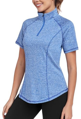 DUVOWE Women's Quarter Zip Gym Tops - Short Sleeve Lightweight Quick Dry Workout T-Shirts for Running, Yoga, Moisture Wicking Loose Fit Sports Shirts Summer Blue