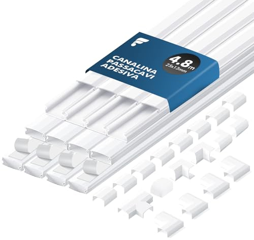 shinfly 4,8m Canalina Passacavi Adesiva – Canaletta per Cavi Elettrici, Canalina Passacavi Muro – Canaline Passacavi da Muro per TV – Bianco 25mm x 13mm (0,4m x 12Pezzi)