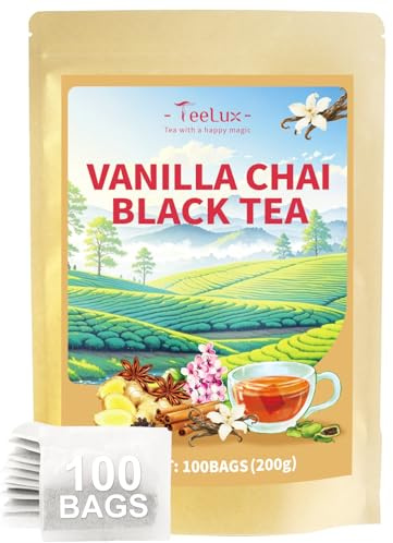 TeeLux Vanilla Chai Tea Bags, Premium Black Tea with Cinnamon, Ginger, Cardamom, Star Anise, Full-bodied & Spicy Flavor, 100 Count