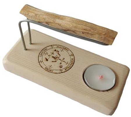 YA-DECOREGALOS Set de Quemador de Palo Santo/Inciensos o Atados Simbolo San Miguel, Base de Madera Natural Varillas metalicas, Palo Santo y Vela de te, Fuerte protección.